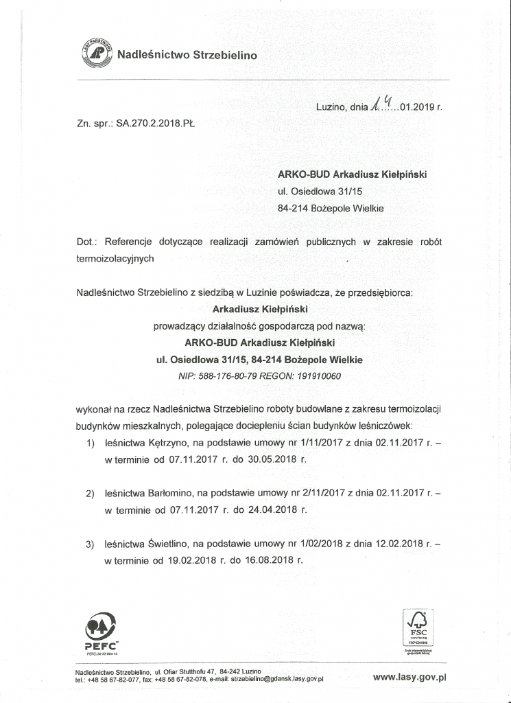 List referencyjny — klient ARKO-BUD